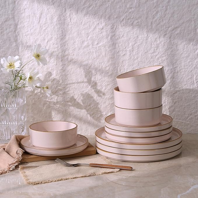 Famiware Nebula Plates and Bowls Sets for 4, 12 Pieces Stoneware Dinnerware Set, Microwave and Dishwasher Safe Dishes Set, Light Pink with Brown Rim