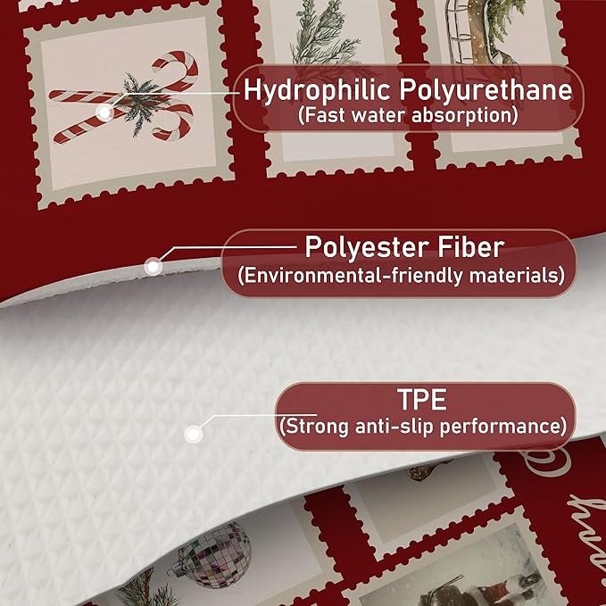 Vintage Red Christmas Dish Drying Mat, Christmas Tree Santa Reindeer Disco Coffee Bar Mat for Countertops, Merry Xmas Absorbent Dish Drying Mats for Kitchen Counter Coffee Maker, 16x24 Inch