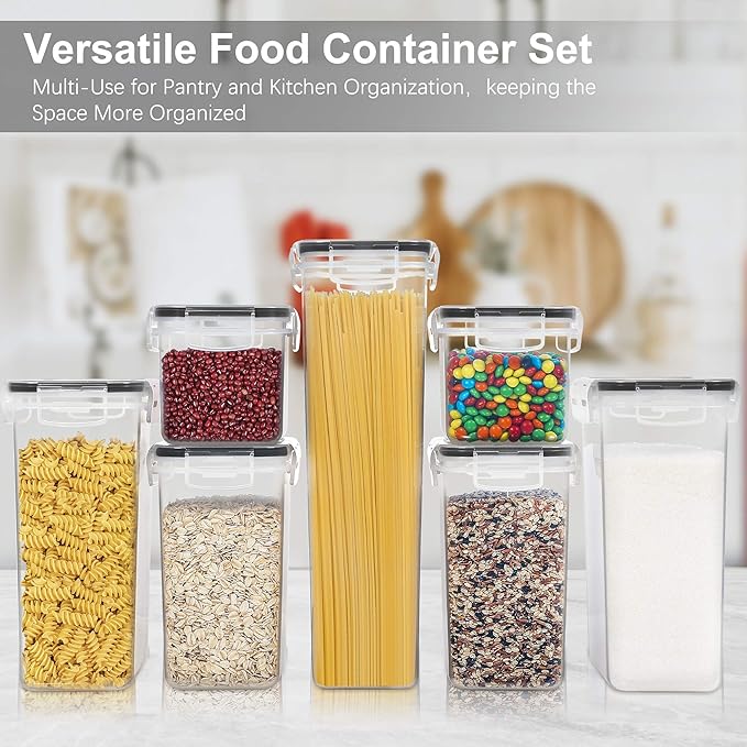 Airtight Food Storage Containers with Lids, 7 PCS BPA Free Kitchen Canisters for Spaghetti, Pasta, Dry Food, Flour and Sugar, Plastic Canisters for Pantry Organization and Storage