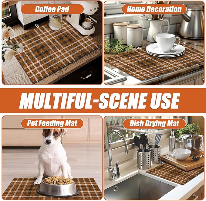 Brown Plaid Dish Drying Mat for Kitchen Counter Microfiber Absorbent Dish Kitchen Drying Mat Draining Reusable Washable for Dishes/Utensils/Counterto