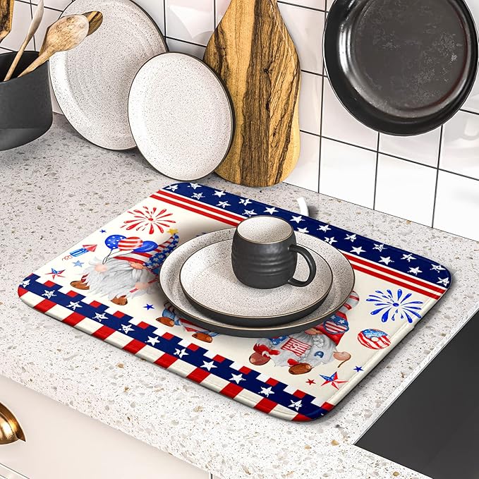 American Gnomes Dish Drying Mat 16x18 for Kitchen Counter, Patriotic Independence Day Decor, Happy 4th of July Microfiber Dishes Drainer Mats Absorbent Foldable Holiday Decor