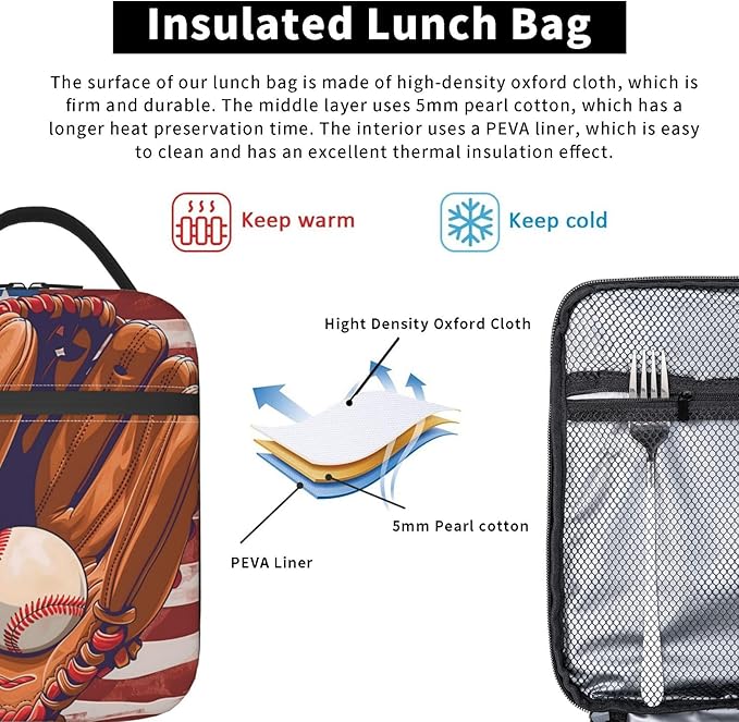 American Spirit Baseball Lunch Box for Women Men, Insulated Lunch Box, Reusable Lunch Bag for Office, Work, Picnic, Travel