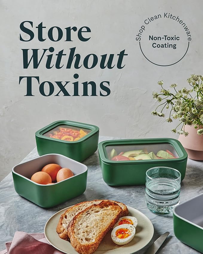 Caraway 2pc Glass Food Storage Set - 4.4 Cup Food Containers (2) - Ceramic Coated - Non Toxic, Non Stick Lunch with Lids - Dishwasher, Oven, & Microwave Safe - Mist