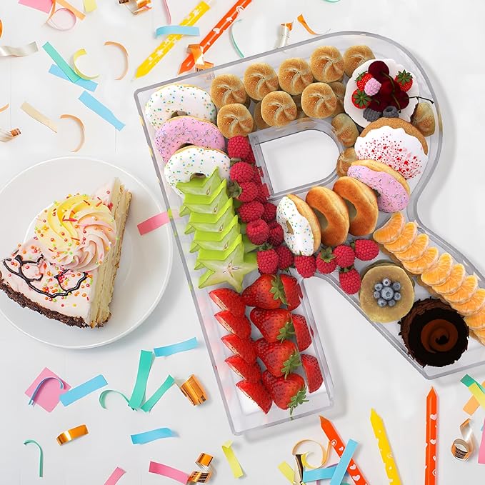 13.8" Extra Large Acrylic Letter Charcuterie Board Box, Reusable Fillable Letter Cake Candy Dish Display Serving Tray for Birthday Anniversary Party Decoration (R)
