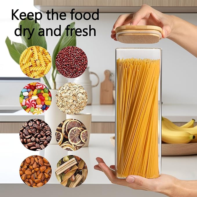 2.2 Qt Square Glass Storage Containers with Lids, Clear Food Storage Container Jar with Sealing Bamboo Lid Storage Containers for Pasta, Oats, Coffee, Flour, Sugar, Square Set-3Pack
