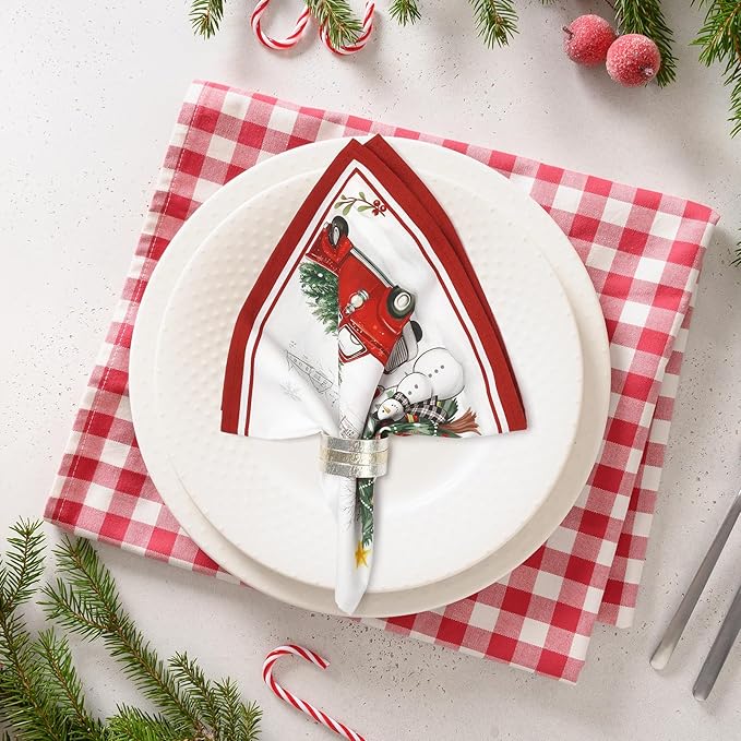 Christmas Snowman Pine Tree Napkins, 18×18 Inch Dinner Cloth Napkins Set of 6, Washable Cotton Soft Absorbent Square Table Top Decoration for Dining Kitchen Party Wedding