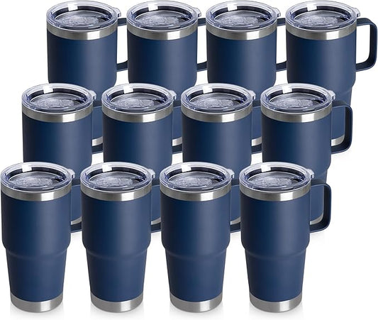 20oz Tumbler Bulk with Lid, Stainless Steel Tumbler Bulk with Handle, Metal Insulated Travel Coffee Mug Set with Handle, Double Wall Vacuum Leak Proof Tumbler Cup, Navy 12 Pack