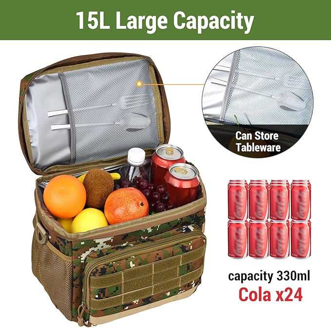 Tactical Lunch Box for Men, Insulated Lunchbox Waterproof Leakproof Cooler Lunch Bag for Work Outdoor Picnic, 24 Cans/15 L, JungleGreen