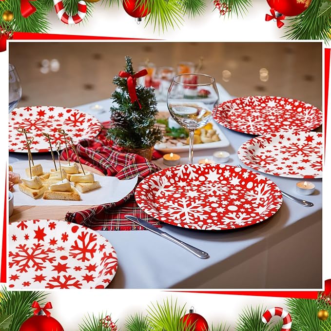 Zhehao 100 Pcs Christmas Paper Plates 9 Inch Disposable Plates Bulk Red and White Snowflake Christmas Party Decoration for Xmas Candy Dinner Plate Party Wedding Event Supplies