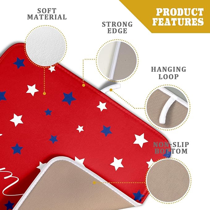 4th of July Dish Drying Mats for Kitchen Counter 16×18 Inch Patriotic Red Small Microfiber Drying Mat Kitchen Accessories Dish Rack Mat Drainer Pad Washable Absorbent