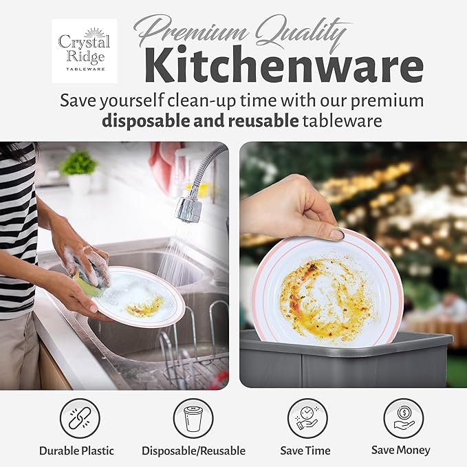 60 Pieces White Plastic Disposable Plates - Premium Heavy-Duty 30 Dinner Plates & 30 Salad Plates with Pink Rim Ideal for Party, Birthday and Special Events