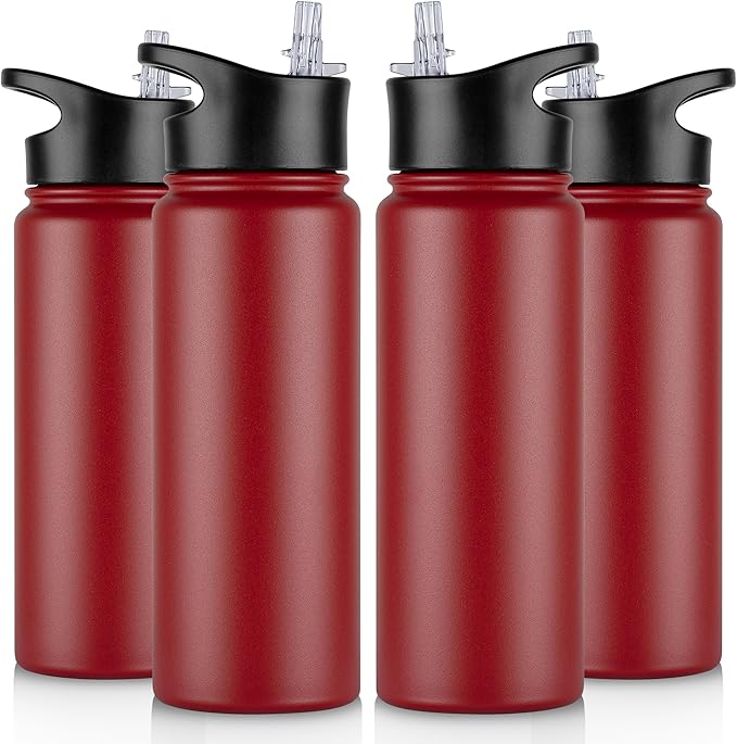 24 oz Insulated Water Bottle Bulk 4 Pack, Stainless Steel Sports Water Bottles with Straw Lid & Wide Mouth Lids, Double Walled Vacuum, Leak Proof, Red