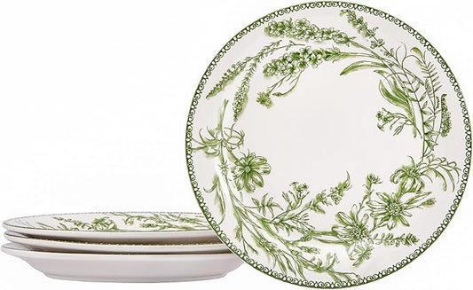 Bico Green Garden Toile De Jouy Dinner Plates Set of 4, 11 Inch Large Ceramic Plates for Pasta, Steak, Stylish Serving Dishes, Microwave and Dishwasher Safe, Gift for Housewarming and Thanksgiving