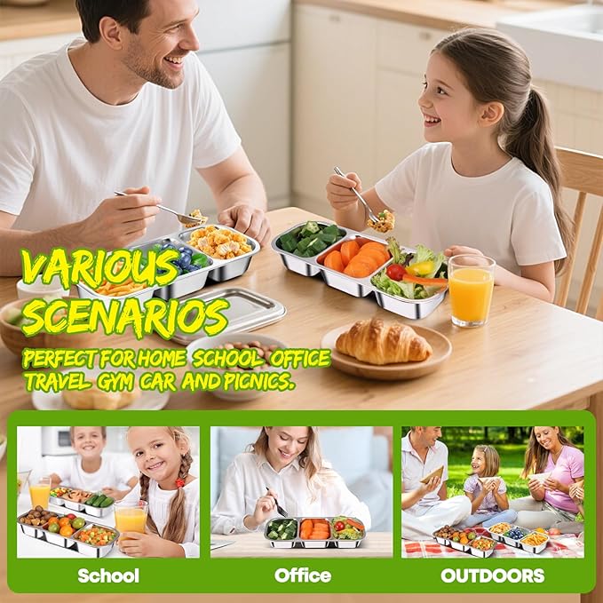 2 Pack Stainless Steel Snack Containers with Lids - Reusable 3 Compartment Snackle Box Container Divide Wet Dry Leakproof Metal Food Storage Containers for School, Home, Travel (Yellow + Orange)