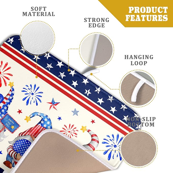 American Gnomes Dish Drying Mat 16x18 for Kitchen Counter, Patriotic Independence Day Decor, Happy 4th of July Microfiber Dishes Drainer Mats Absorbent Foldable Holiday Decor