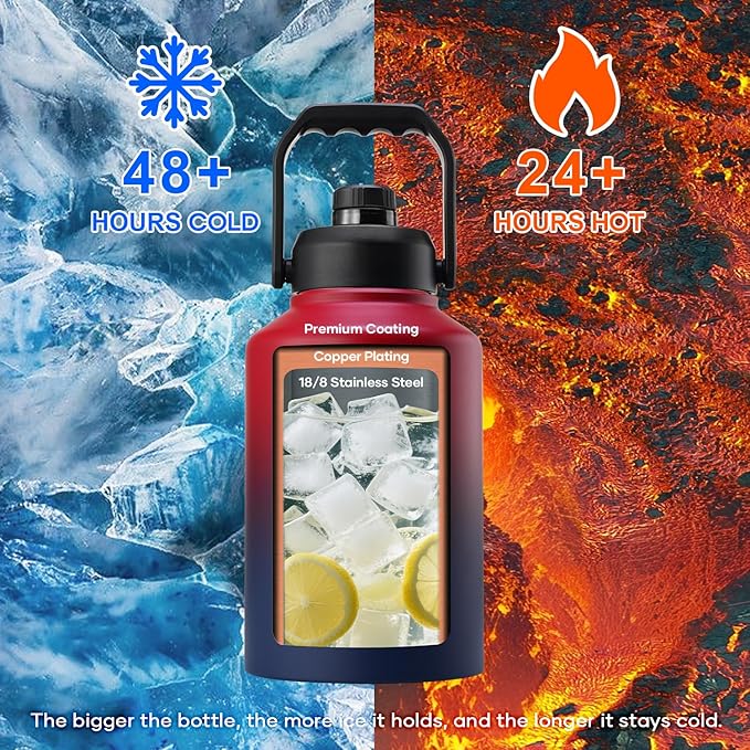 BUZIO One Gallon Water Bottle Insulated, (Cold for 48 Hrs) 128oz Water Jug Large Stainless Steel, 3.58in Big Wide Mouth Leak Proof Metal Flask with Carrying Sleeve for Camping,Gym,Travel, Black Red