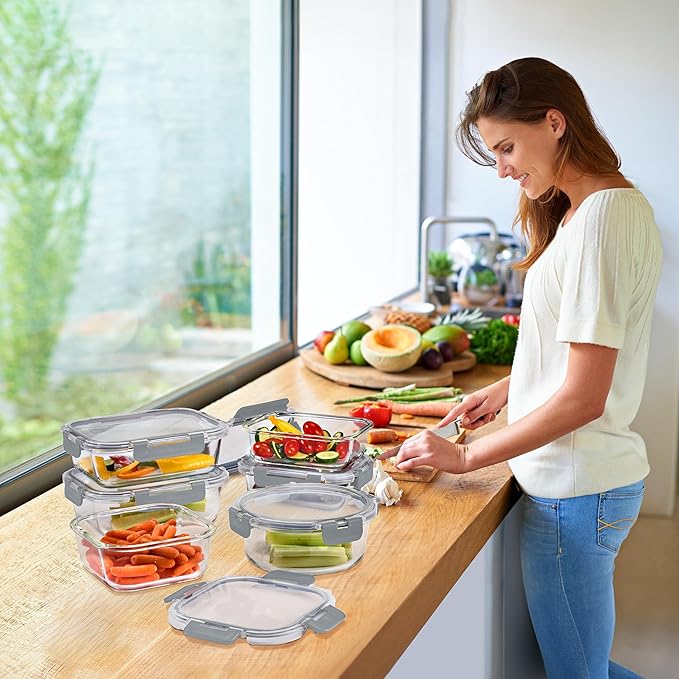 Sorbus 16pc Glass Meal Prep Containers Set – 8 Round 32oz Containers with Airtight Lids – Freezer, Dishwasher, Oven Safe – Reusable Food Storage Bowls, 4 Cup Capacity for Meal Prep and Storage Grey