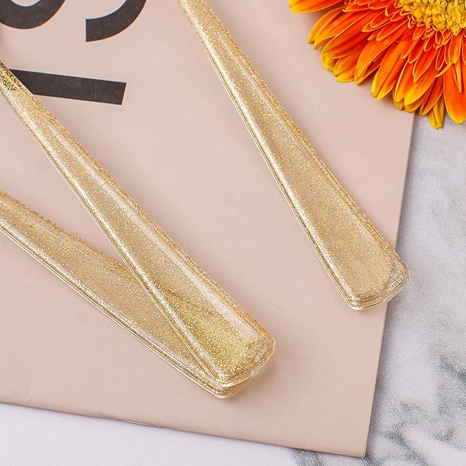 WELLIFE 150-Piece Gold Glitter Disposable Party Tableware Set for 50 Guests-Includes 50 Dessert Plates,50 Plastic Forks & 50 Cups-Elegant Plastic Plates for Wedding,Birthday,Anniversary(Gold Glitter)