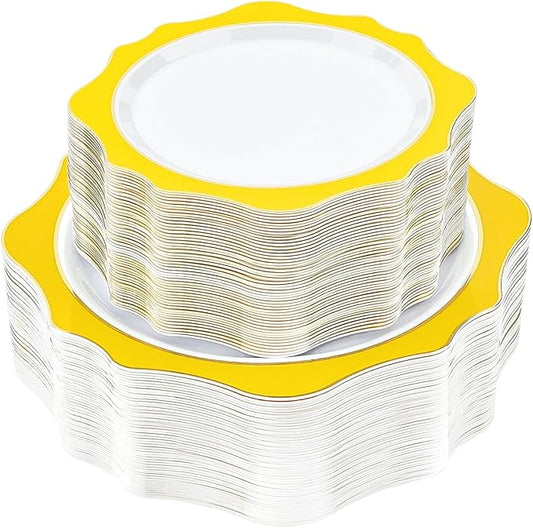 100 PCS White and Yellow Disposable Plates for 50 Guests, Scalloped Plastic Plates Include 50 Dinner Plates and 50 Dessert Plates for Party, Wedding