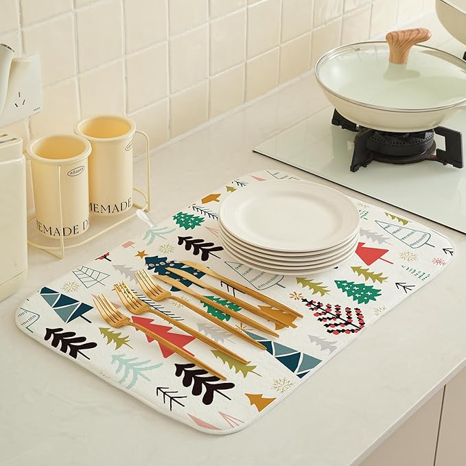Christmas Dish Drying Mats 18x24 Inch Colorful Geometric Christmas Tree Drying Mats Xmas Winter Holiday Kitchen Decor Absorbent Drying Pad Rack Drainer Mats for Kitchen Dining Room Counter