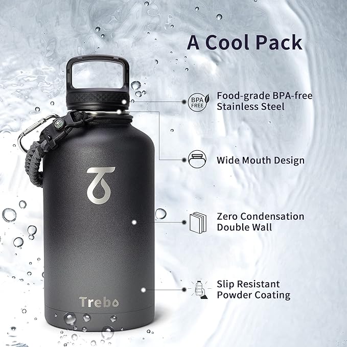 Trebo Water Bottle 64oz with Paracord Handle, Half Gallon Large Vacuum Double Wall Stainless Steel Insulated Water Jug with Straw Spout Handle Lids, Leakproof BPA-Free Keep Cold & Hot, Dark Gray