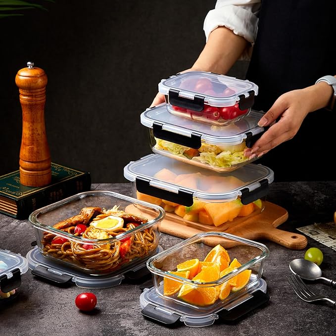 Wells Glass Meal Prep Containers, 8 Pack Glass Food Storage Containers Set with Airtight Locking Lids for Lunch, Fridge, Freezer, Dishwasher Safe, BPA-Free, Clear