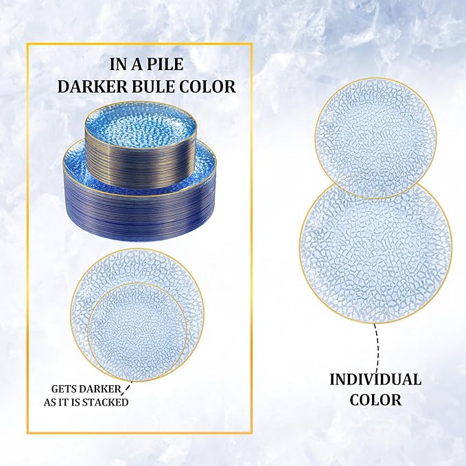 SUT 36Pcs Blue Plastic Plates, Hammered Plates Disposable Heavy Duty, Blue Disposable Plates With Gold Rim, Fancy Plastic plates Include 18 Dinner and 18 Dessert plates for Wedding