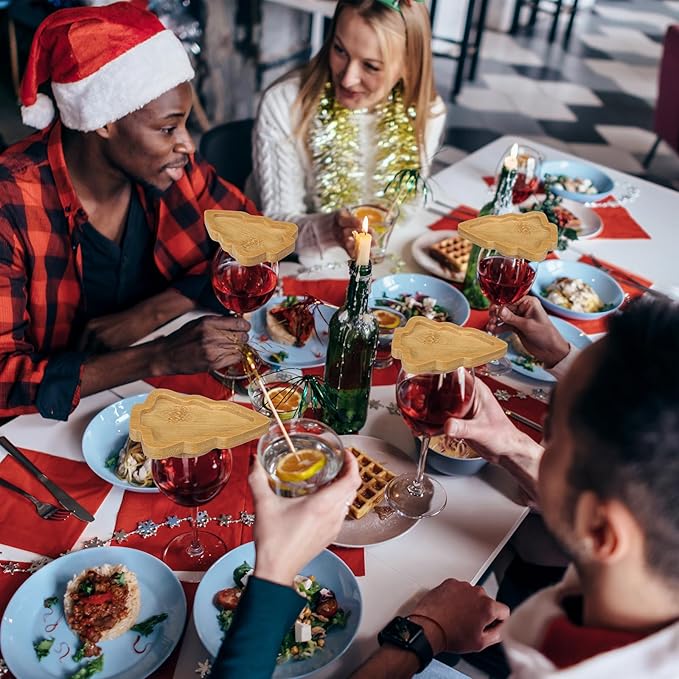 Roshtia 6 Pcs Wine Glass Charcuterie Topper, Christmas Wine Glass Charcuterie Topper, Funny Wood Appetizer Plates, Mini Santa Serving Trays for Outdoor Party Housewarming Gifts (Xmas Tree)