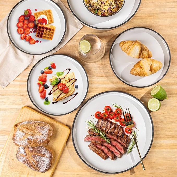 LERATIO Ceramic Dinnerware Sets for 6, High Edge Stoneware Plates and Bowls Set, Chip and Crack Resistant | Oven & Dishwasher & Microwave Safe Dishes Set, Service for 6 -Creamly White