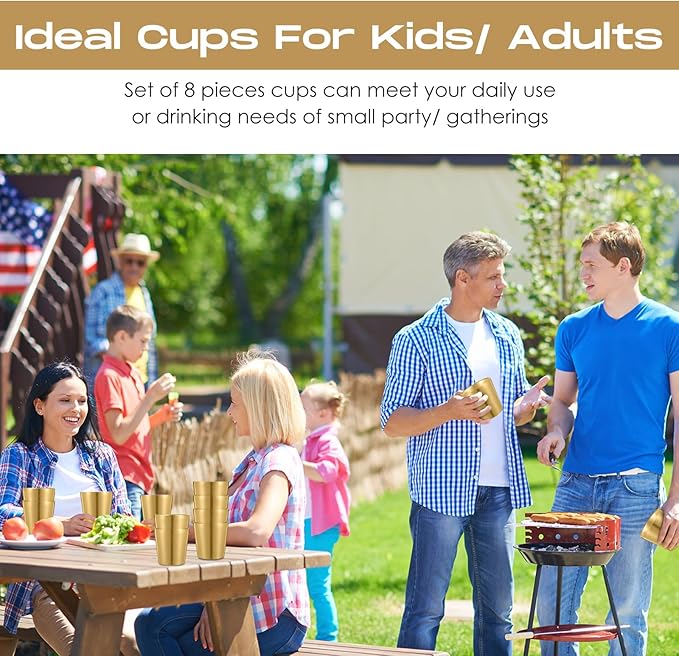 8 Pack Stainless Steel Insulated Cup Metal Tumbler Double Wall Vacuum Water Glasses Camping Reusable Mugs Bbq Home Office Party Coffee(Gold,5.9 oz)