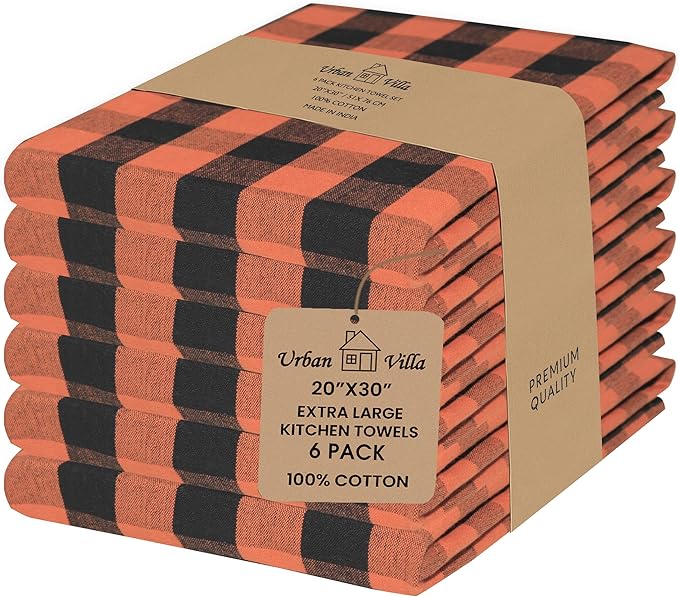 Urban Villa Halloween Kitchen Towels Set of 6 Dish Towels Size 20''x30'' Buffalo Checks Orange/Black 100% Cotton Highly Absorbent Quick Drying Dish Cloths & Dish Towels with Hanging Loop Tea Towels