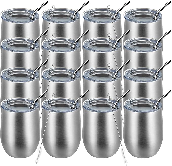 MEWAY 12oz Wine Tumbler 16 Pack Bulk Gifts for Women,Double Wall Vacuum Stainless Steel Travel Mug with Lid,Insulated Stemless Wine Cup Glass for Coffee,Cocktails,Drinks(Sliver,Set of 16)