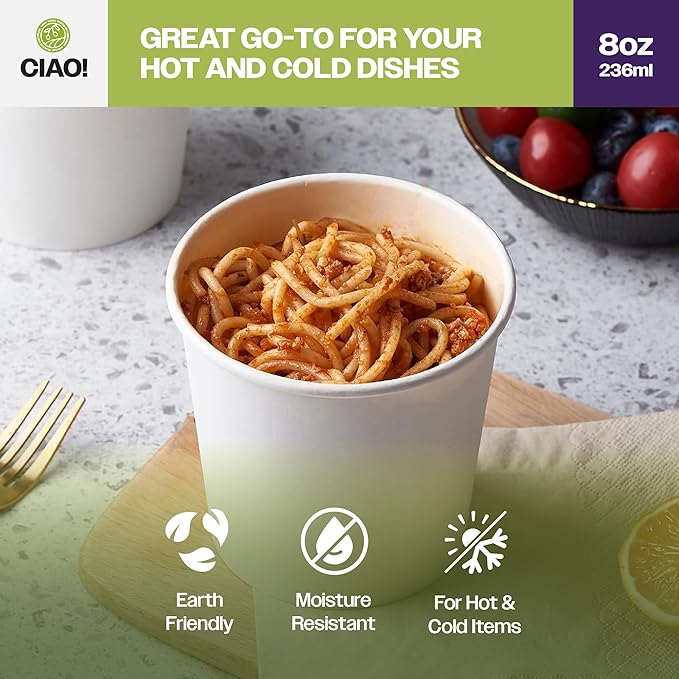 CIAO! 8OZ Disposable White Paper Food Container, 90mm Diameter, Lids Sold Separately (1000/case)