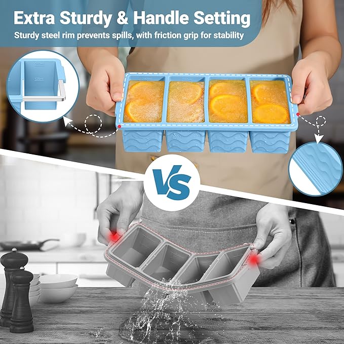 Silicone Freezer Molds for Soup with Lid, 1-Cup & 2-Cup Large Ice Cube Trays Food Storage Containers for Meal Prep, Freeze 250mL/125mL Portions – 2 Pack