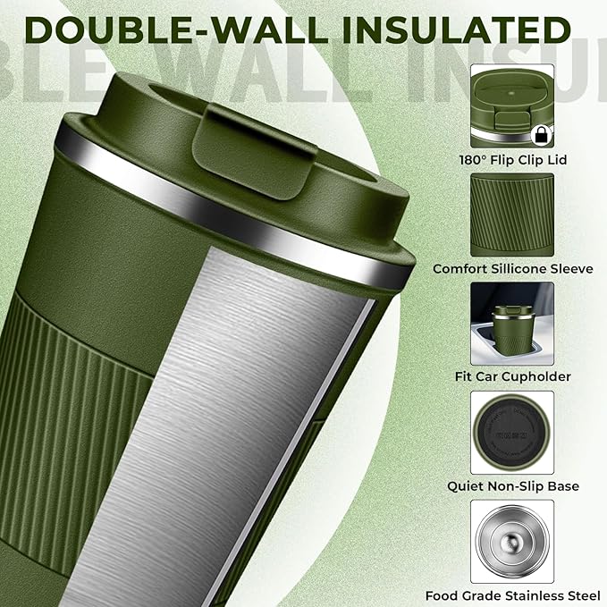 Insulated Coffee Tumbler 12 oz, Stainless Steel Coffee Mug with Lids, Travel Coffee Mug Leak Proof, Double Wall Vacuum Insulated Reusable Coffee Cup, Keep Drinks Hot and Cold, Military Green, 12 Ounce