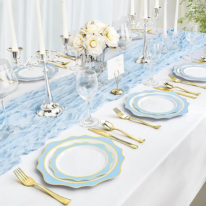 100 PCS White and Blue Disposable Plates for 50 Guests, Scalloped Plastic Plates Include 50 Dinner Plates and 50 Dessert Plates for Party, Wedding and Graduation