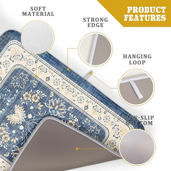 Blue Boho Dish Drying Mat for Kitchen Counter 18x24 Inch Fast Dry Drying Pad Vintage Floral Dish Drainer Rack Mats Coffee Bar Accessories