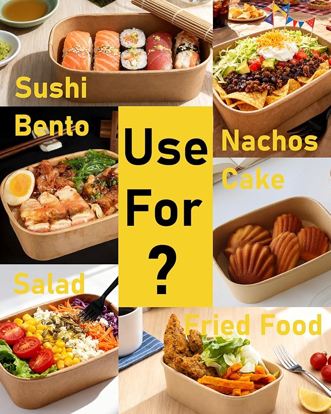 25OZ Paper Food Containers [with Lids & Forks] Disposable Meal Prep Containers 50 Pack Rectangle Take Out Box for Salad, Hot/Cold Food, Treat Serving Bowls for To Go Food, Office Lunch, Picnic, Party