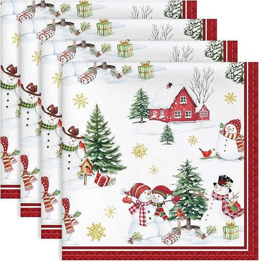 Christmas Snowman Napkins, 18×18 Inch Dinner Cloth Napkins Set of 4, Washable Cotton Soft Absorbent Square Table Top Decoration for Dining Kitchen Party Wedding