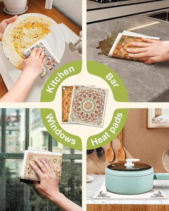 6 Pack Swedish Dishcloths for Kitchen - Reusable Dish Cloths for Washing Dishes Absorbent Cute Funny Kitchen Towels Cleaning Sponge, Bohemi