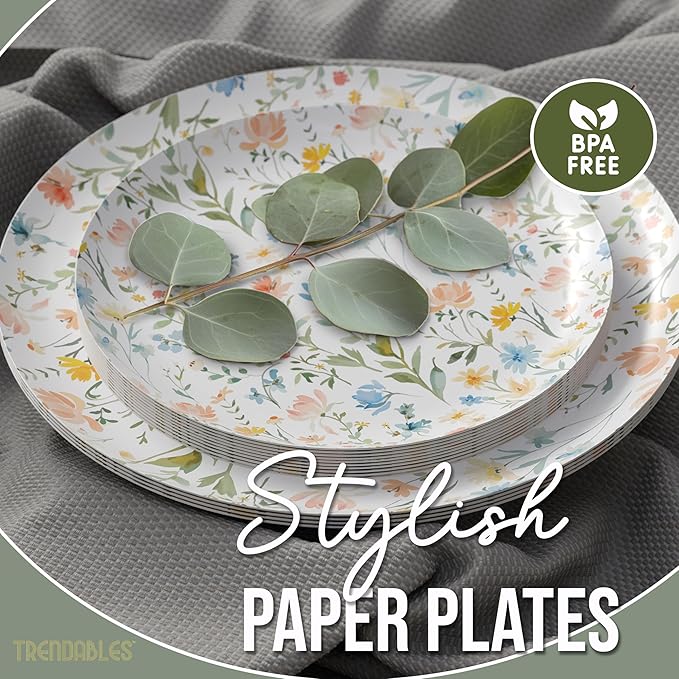 Trendables Heavy Duty Paper Plates Set For 32 Guests - 32 Each Of 8-inch And 10-inch Disposable Plates For Party - Fancy 64 Piece Dinnerware Set For All Occasions | Floral Design, Petite Fleur