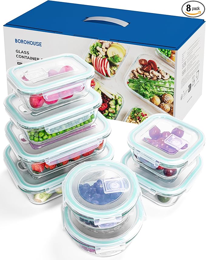 8-Piece Borosilicate Glass Food Storage Containers Set with Airtight Lids - Oven, Microwave & Freezer Safe, Leak-Proof, BPA-Free - Baking, Meal Prep & Gift Ready