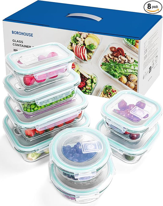 8-Piece Borosilicate Glass Food Storage Containers Set with Airtight Lids - Oven, Microwave & Freezer Safe, Leak-Proof, BPA-Free - Baking, Meal Prep & Gift Ready