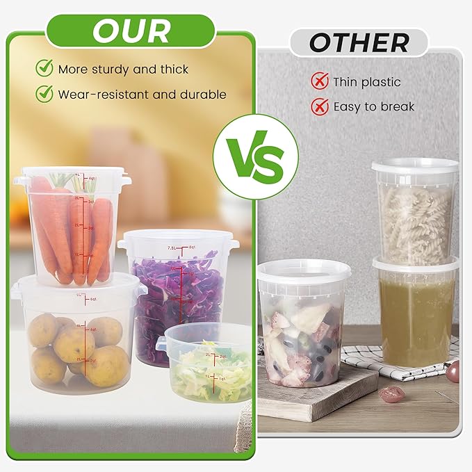 4 Pack Round Food Storage Containers with Lids, 18Qt Large Translucent, Polypropylene, BPA Free, Includes Labels & Measuring Cups