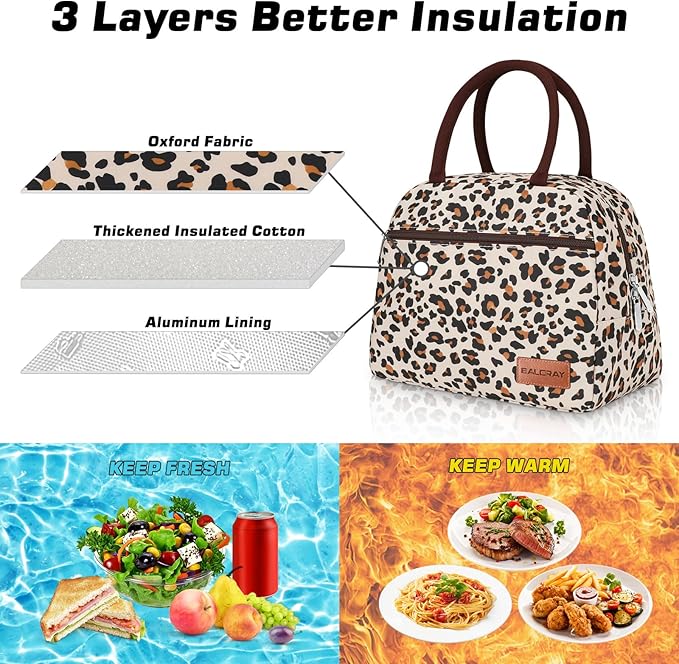 BALORAY Lunch Bag for Women Men Cute Reusable Insulated Lunch Box Large Capacity Lunch Tote Bag for Work, Picnic or Travel (Zipper Leopard)