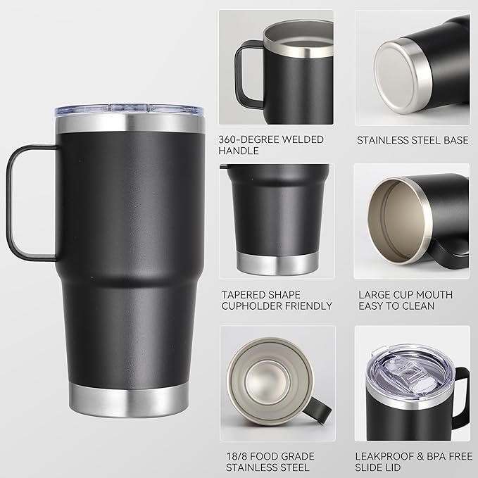 20 oz Stainless Steel Tumbler with Handle Bulk Metal Insulated Tumblers Travel Coffee Mug with Handle Double Wall Tumbler Cup with Lid and Straw, Black 6 Pack
