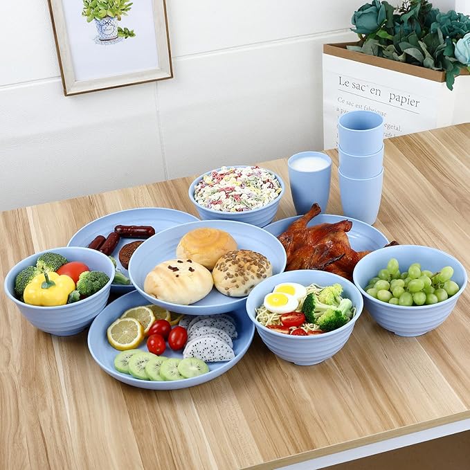12pcs Plastic Wheat Straw Dinnerware Sets Service for 4, Cups, Plates and Bowls Sets Microwave Dishwasher Safe Lightweight