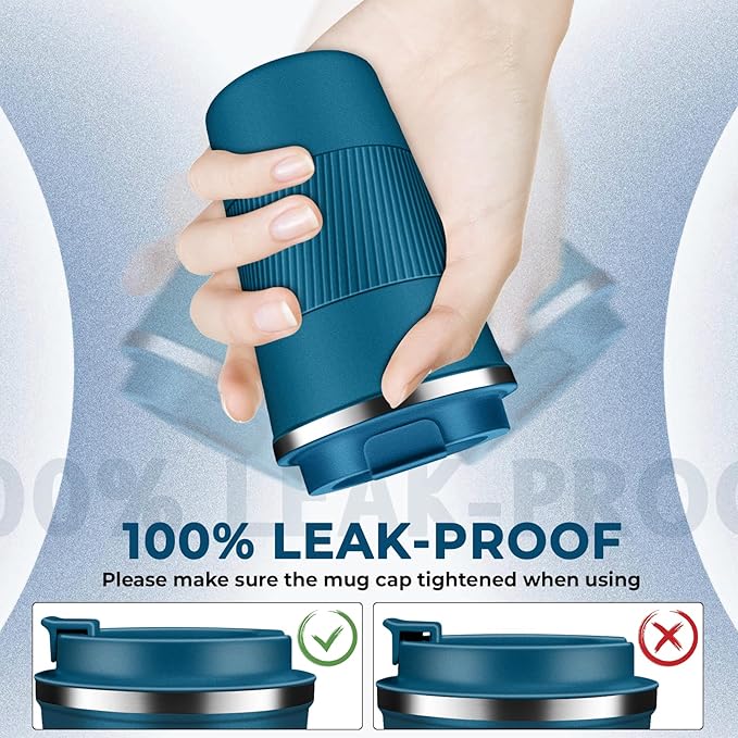 Insulated Coffee Tumbler 12 oz, Stainless Steel Coffee Mug with Lids, Travel Coffee Mug Leak Proof, Double Wall Vacuum Insulated Reusable Coffee Cup, Keep Drinks Hot and Cold (Deep Teal, 12 Ounces)