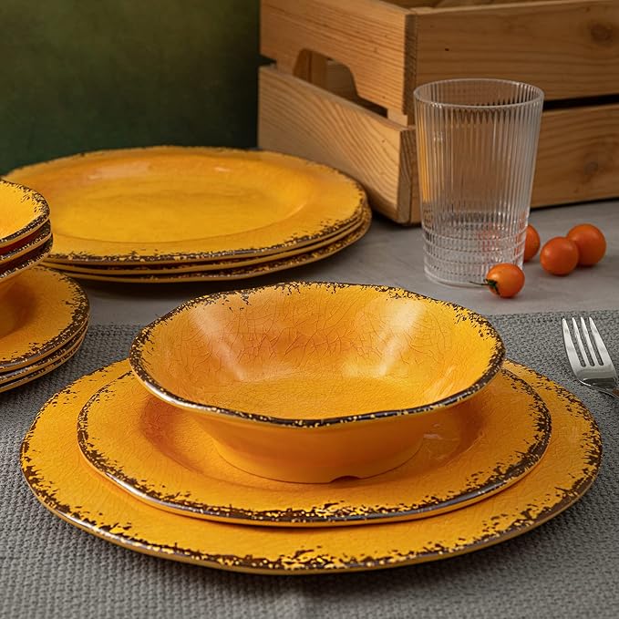 LEHAHA Melamine Dinnerware Sets, Outdoor Use Harvest Dinner Plates and Bowls Sets, Great for RVs Camping, Light Weight and Unbreakable 12 Piece Dishes Dinnerware Set for 4, (Gold)