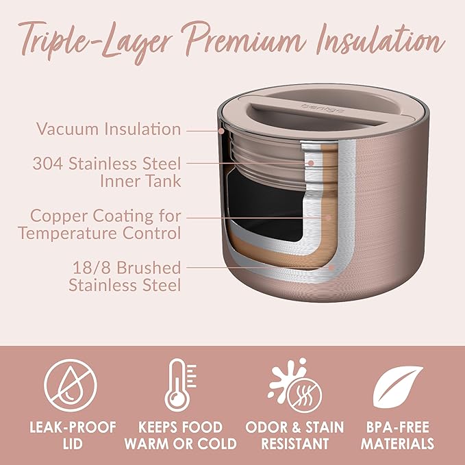 Bentgo Stainless Insulated Food Container - 2.4 Cups (19 oz), Triple-Layer Insulation, Vacuum Seal, Leak-Proof, Built-In Handle, Wide Opening, Premium Stainless Steel, for Cool/Warm Foods (Rose Gold)